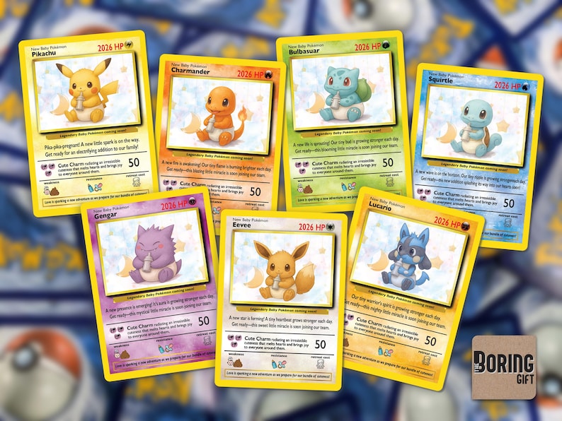 May include: A collection of seven Pok&eacute;mon trading cards featuring baby versions of popular characters like Pikachu, Charmander, and Squirtle. Each card has a yellow border and includes the text "2026 HP" and "Cute Charms".