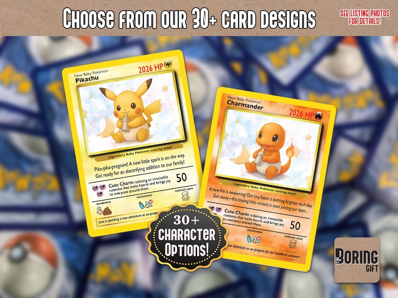 May include: Two Pok&eacute;mon trading cards featuring Pikachu and Charmander. The cards have yellow borders and include the text "Choose from our 30+ card designs". Each card has a baby Pok&eacute;mon illustration.