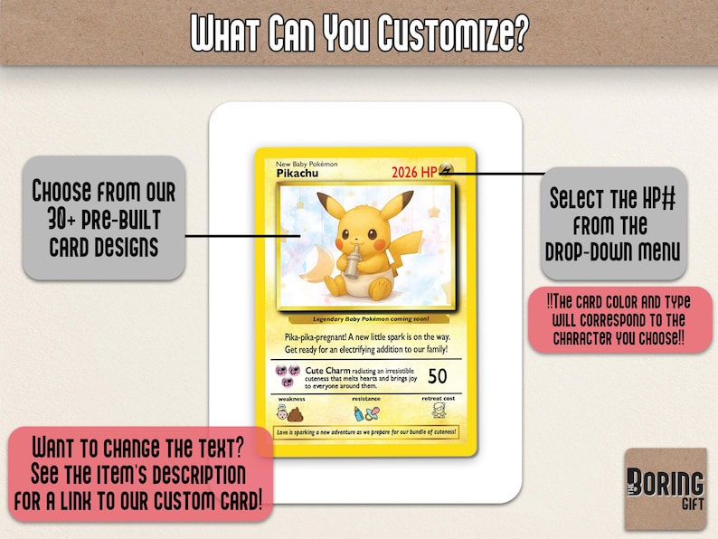 May include: A customizable Pikachu Pok&eacute;mon card design. The card features a yellow Pikachu illustration with text options for HP, card color, and text. The image includes text prompts: "Choose from our 30+ pre-built card designs" and "Want to change the text?"