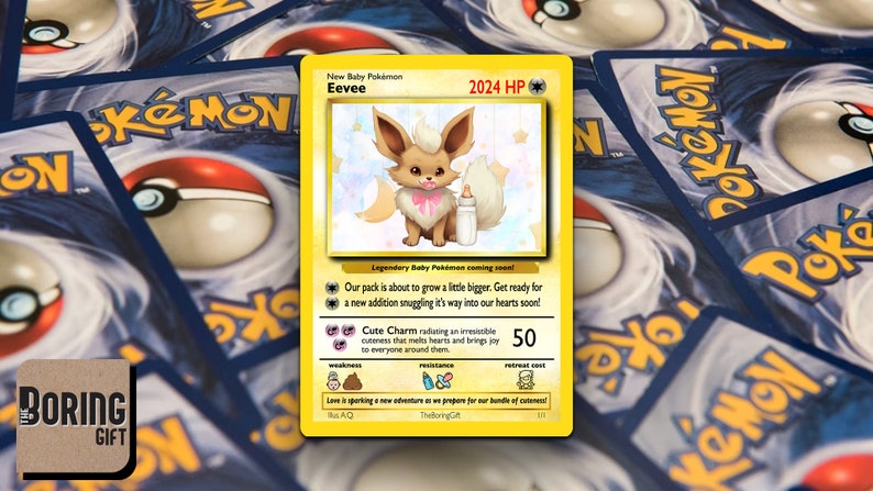 May include: A yellow Pokemon card featuring Eevee, a baby Pokemon with a pink bow and a bottle. The card has a light blue background with stars and moons. The text on the card reads "New Baby Pokemon Eevee 2024 HP".