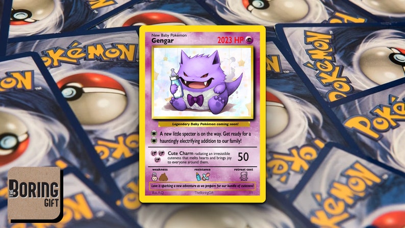 May include: A purple Gengar Pokemon card with a baby Gengar illustration. The card has a pink background with white stars. The card text reads "New Baby Pokemon Gengar 2023 HP".
