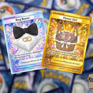 May include: Two custom trading cards with wedding themes. One card features a black bow tie and wedding rings on a pillow, labeled "Ring Bearer." The other card, "Flower Girl," shows a basket of pink roses. Both cards have text.