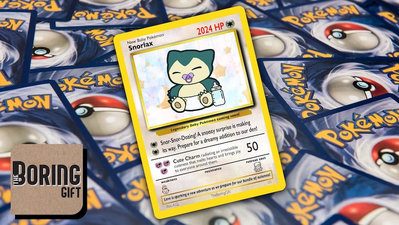 May include: A yellow and blue Pokemon trading card featuring a cartoon illustration of Snorlax as a baby. The card has the text "New Baby Pokemon Snorlax" and "2024 HP".