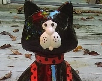 BLACK CAT in Red Cookie/Candy/Treat Ceramic Jar, Christmas Black Cat, Biscuit Jar, Cat Hostess Gift, Kitchen Jar Décor