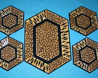 Estampado de leopardo/tigre personalizado plato de postre de 6 lados con platos a juego, plato de servicio, platos de postre exóticos, estampado animal, estampado de guepardo