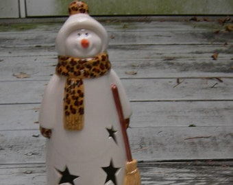 Custom Primitive Snowman Pottery Lantern, Ceramic Snowman Votive Light, Custom Snowman Candle Light,Snowman with Leopard Print Scarf Lantern