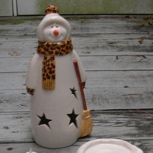 Custom Primitive Snowman Pottery Lantern, Ceramic Snowman Votive Light, Custom Snowman Candle Light,Snowman with Leopard Print Scarf Lantern
