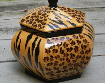 6-Sided Signature LEOPARD PRINT/TIGER Ceramic Tureen/Cookie Jar, Animal Print, Exotic Home Decor, Custom Design, Ceramic Serving Bowl