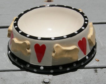 Custom Whimsical BONE and HEARTS Dog/Pet Bowl/Dish/Feeder, Ceramic Pet Bowl, Hand Made, Hand Painted Custom Dog Bowl, Custom Biscuit Bowl