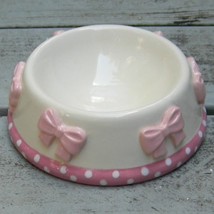 Precious Pink Whimsical Pink Bow Ceramic Bowl Dog Bowl Cat Bowl Pet Bowl Pet Feeder Posh Pet Bowl Breast Cancer Awareness