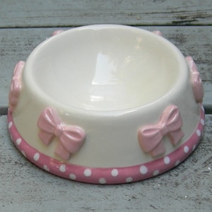 Precious Pink, Whimsical, Pink Bow Ceramic Bowl, Dog Bowl, Cat Bowl, Pet Bowl, Pet Feeder, Posh Pet Bowl, Breast Cancer Awareness