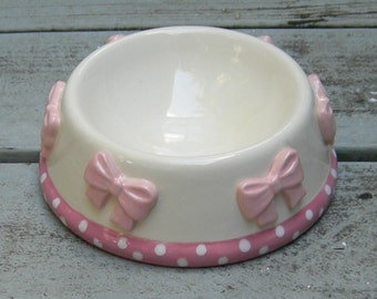 Precious Pink, Whimsical, Pink Bow Ceramic Bowl, Dog Bowl, Cat Bowl, Pet Bowl, Pet Feeder, Posh Pet Bowl, Breast Cancer Awareness
