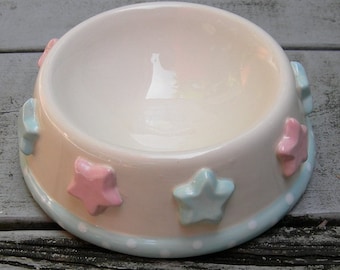 Custom PINK and BLUE STAR Dog/Cat/Pet Bowl/Dish/Feeder, Ceramic Pet Bowl, Hand Made, Hand Painted Custom Pet Bowl