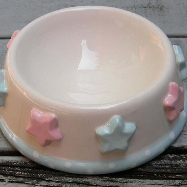 Custom PINK and BLUE STAR Dog/Cat/Pet Bowl/Dish/Feeder, Ceramic Pet Bowl, Hand Made, Hand Painted Custom Pet Bowl