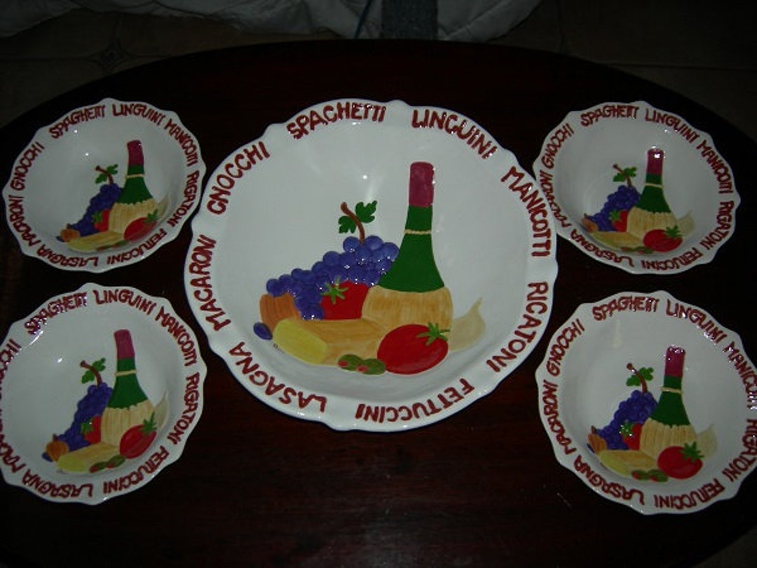 Hand Painted Italian Pasta Bowl Set, Custom Ceramic Pasta Bowl With Four Matching Individual