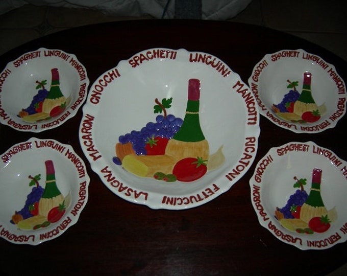 Hand painted Italian pasta bowl set, Custom ceramic pasta bowl with four matching individual bowls, old fashioned Italian pasta set