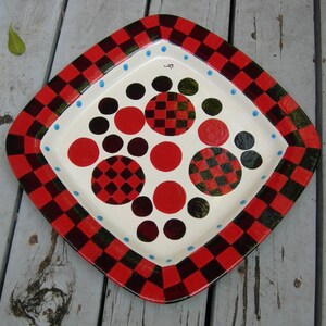 16&quot; Custom Red/Black Modern LARGE SERVING PLATTER, Unique Functional Art, Heavy Holiday Platter, Versital Serving Tray, Thanksgiving Platter