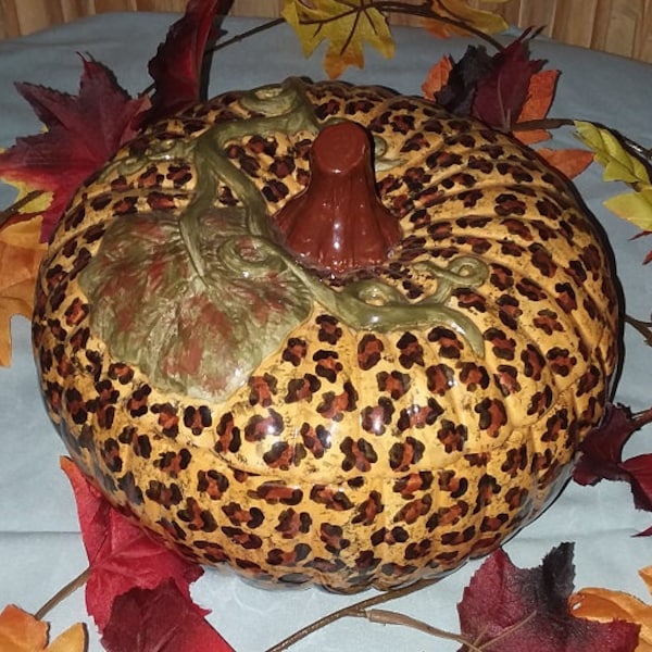 Custom Leopard Print Pumpkin Tureen/Cookie Jar, Cheetah Print Pumpkin, Trend Setting Leopard Print Pumpkin,Classic Pumpkin Tureen