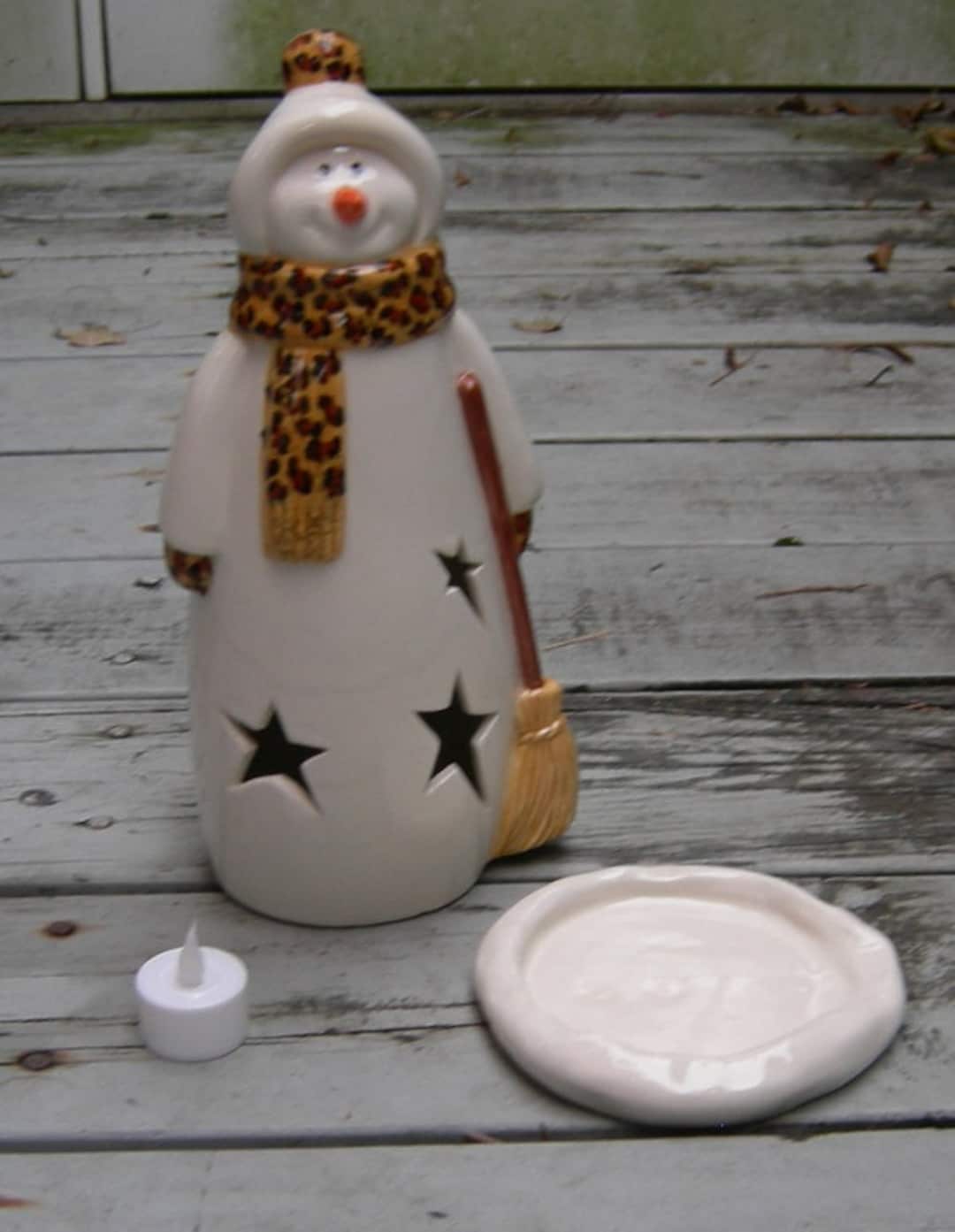 スノーマン 置物 陶器 Custom Primitive Snowman Pottery Lantern, Ceramic Snowman Votive