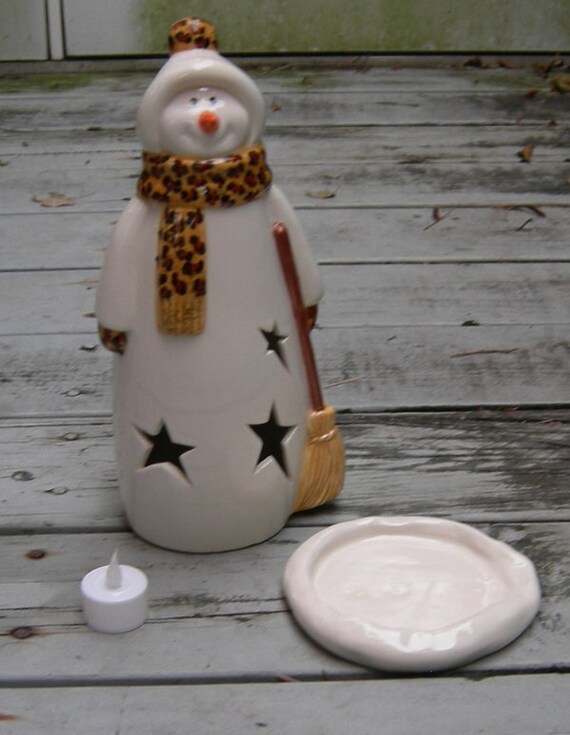 Custom Primitive Snowman Pottery Lantern, Ceramic Snowman Votive