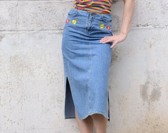 Vintage Denim Skirt. Embroidered Denim Skirt. High Waist Denim Skirt