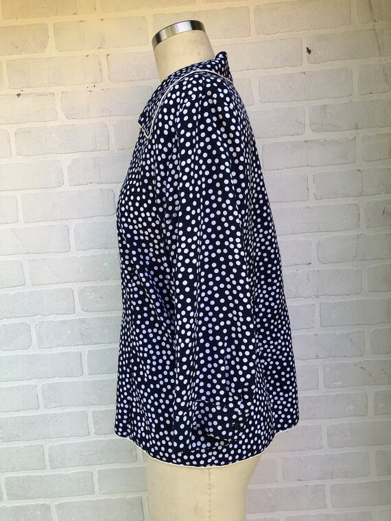 Vintage Navy Blue White Polka Dot Print Silk Top.… - image 5