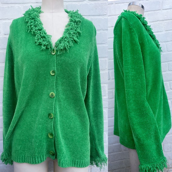 Vintage Spring Green Knit Sweater. Fringe Green Kn
