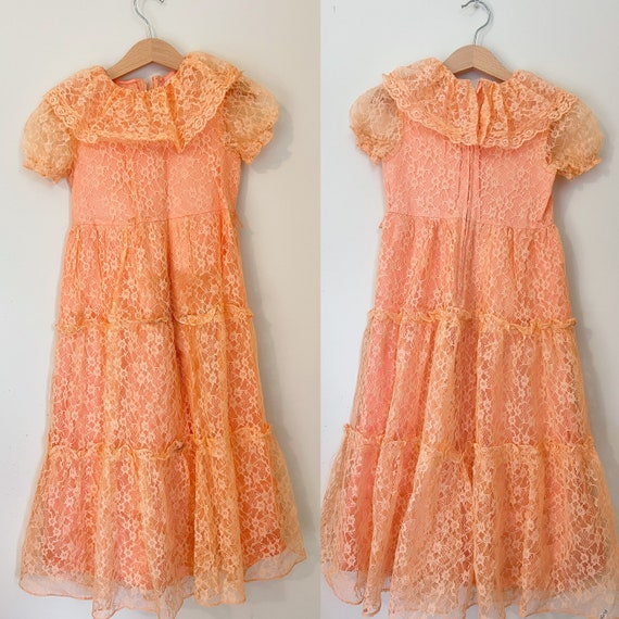 Vintage Southern Peach Lace Girls Gown. Orange La… - image 1