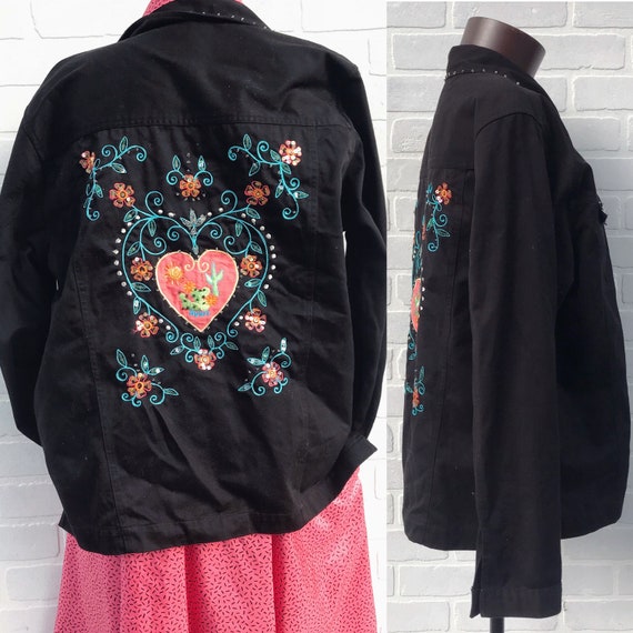 Vintage Black Denim Embroidered Cactus Jacket. Boh