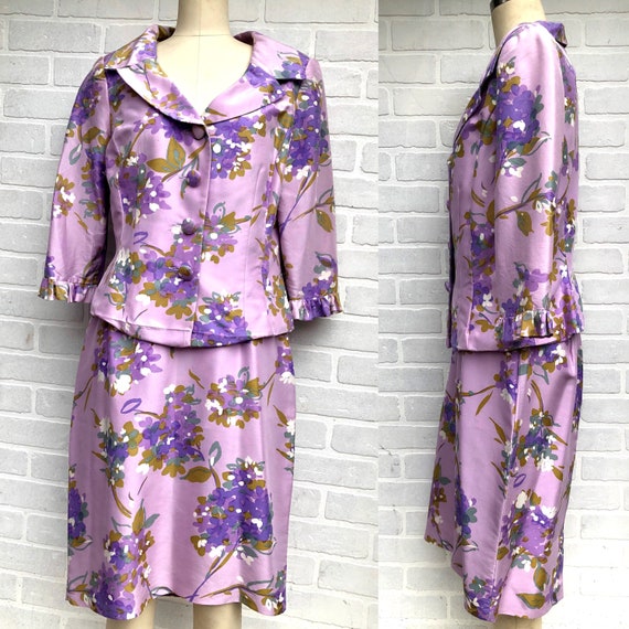 Vintage Maggie London Lavender Floral Suit. Silk F