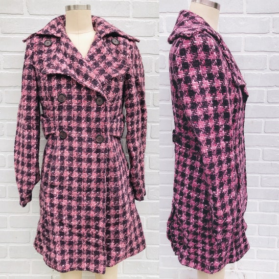 Vintage Pink Wool Coat. Patterned Pink Trench Coat