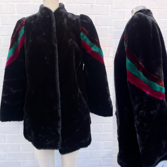 Vintage Black Faux Fur Coat. Luxury Black Stripe … - image 1