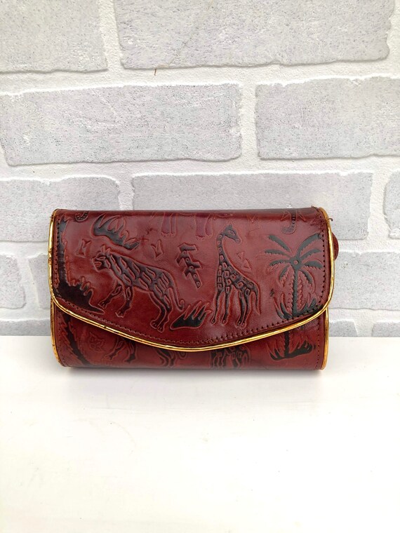Vintage Etched Safari Leather Shoulder Bag. Tooled