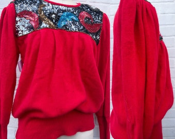 Vintage 80s Sequins Knit Sweater. Red Lambwool Rabbit Hair Knit Sweater. Valentines Day Sweater.