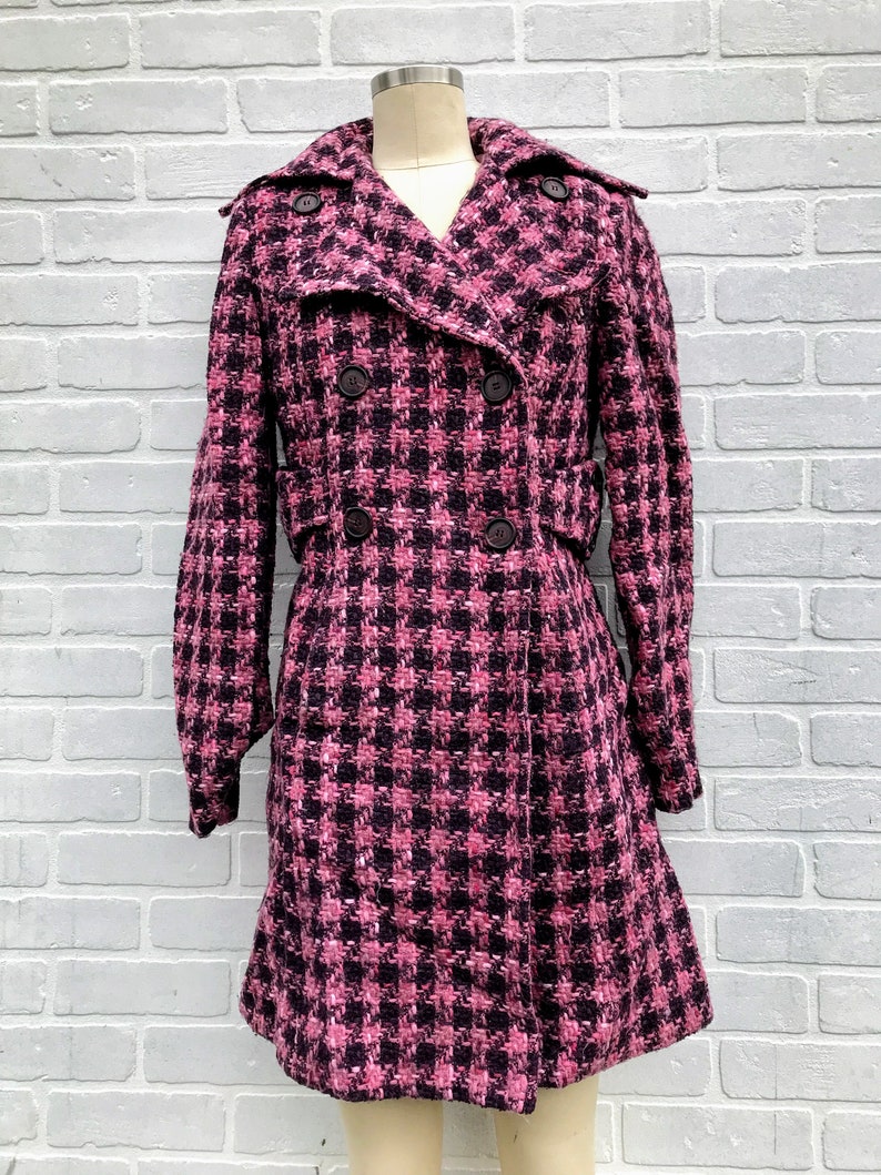 Vintage Pink Wool Coat. Patterned Pink Trench Coat. image 3