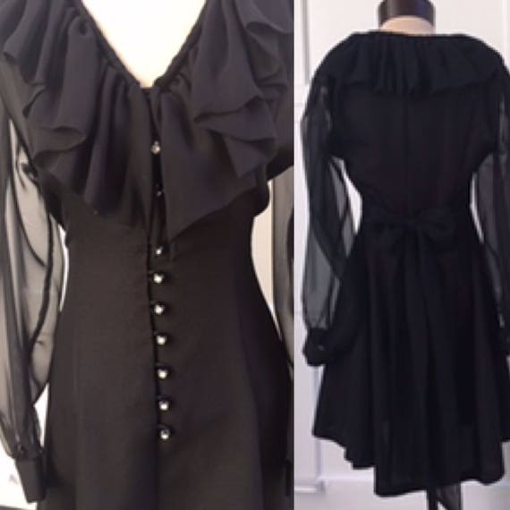Vintage Mini Lace Evening Dress. Semi Sheer Black