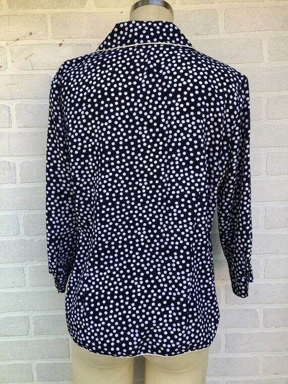 Vintage Navy Blue White Polka Dot Print Silk Top.… - image 7