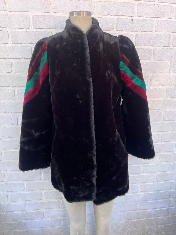 Vintage Black Faux Fur Coat. Luxury Black Stripe … - image 5