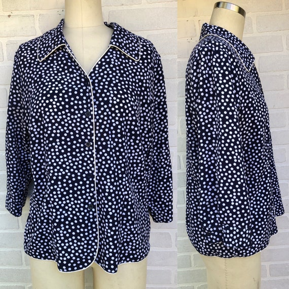 Vintage Navy Blue White Polka Dot Print Silk Top.… - image 1