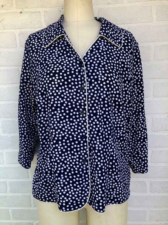 Vintage Navy Blue White Polka Dot Print Silk Top.… - image 2