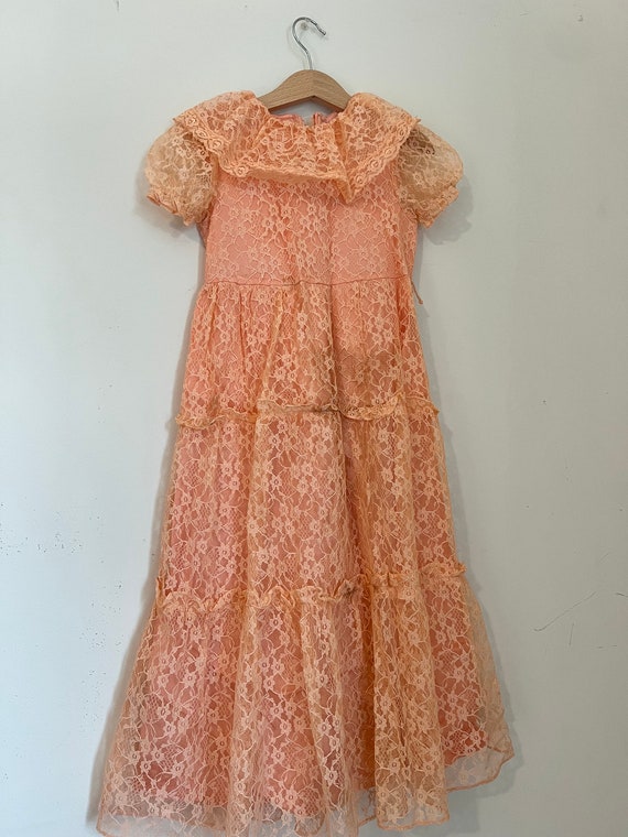 Vintage Southern Peach Lace Girls Gown. Orange La… - image 3