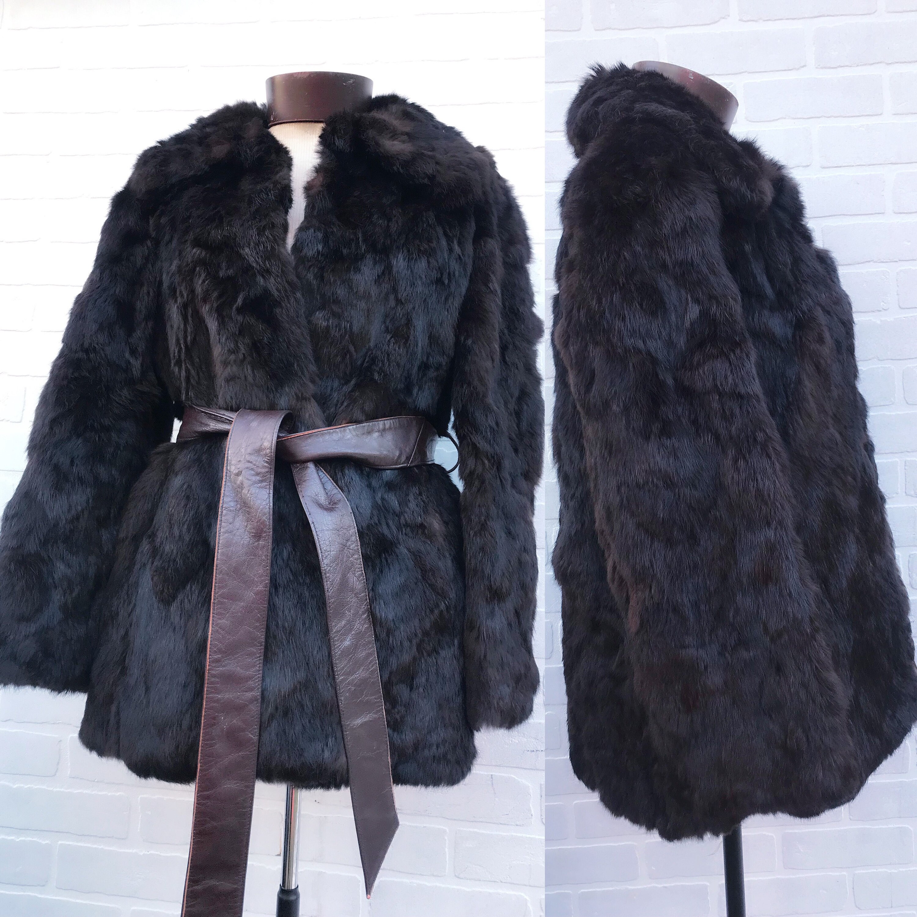 Vintage Rabbit Fur Coat. Rabbit Fur Coat with Leather Belt. Etsy