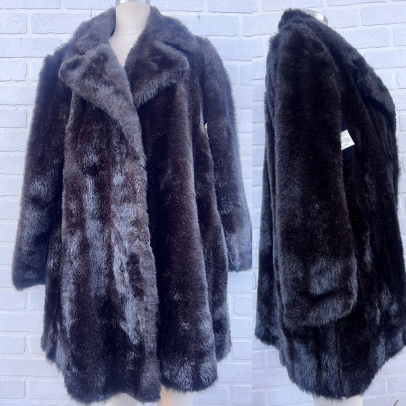 Vintage Black Faux Fur Coat. Luxury Black Faux Fur