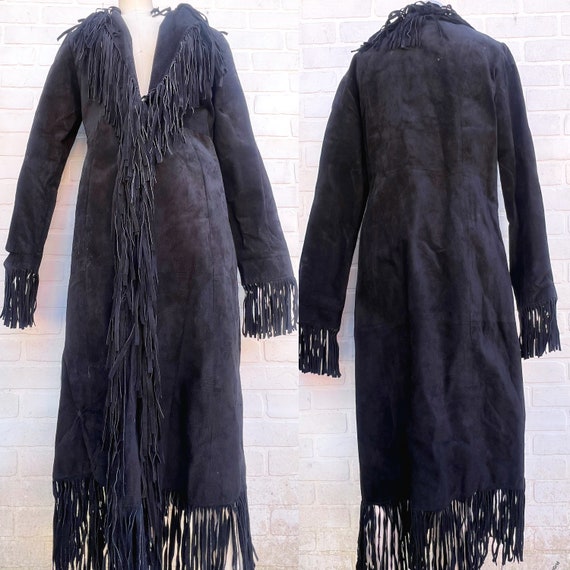 Vintage Leather Black Fringe Trench Coat. Luxury T