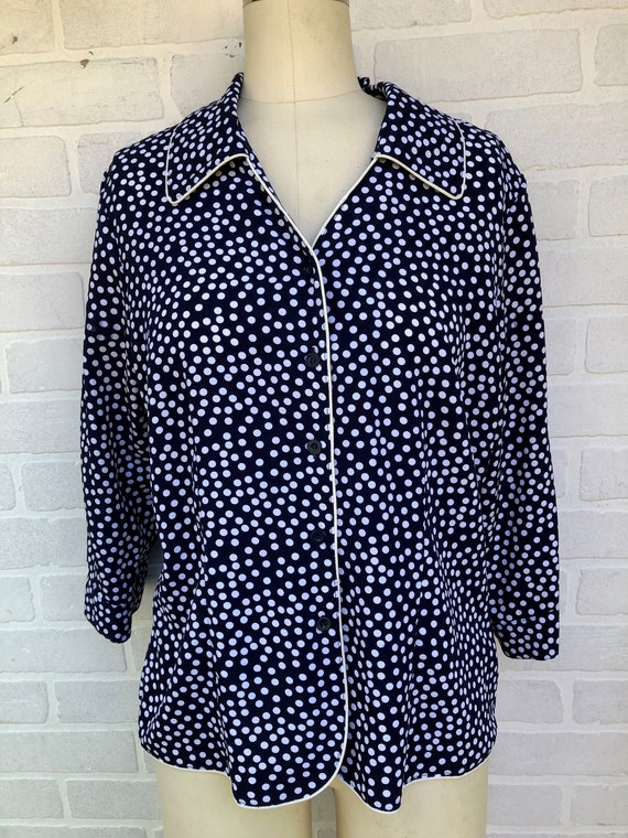 Vintage Navy Blue White Polka Dot Print Silk Top.… - image 3