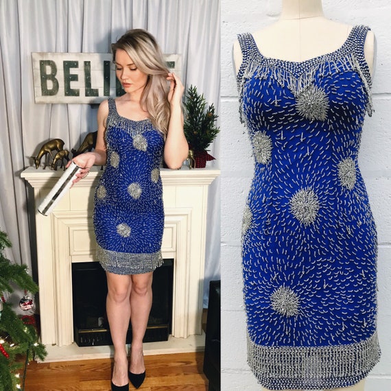 Vintage Blue Beaded Starburst and Tassels Mini Gow