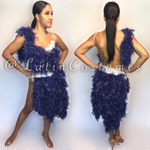 Ballroom Latin Dancesport Dance Salsa Dress Costume Custom Made Feather Boa Backless Gown
