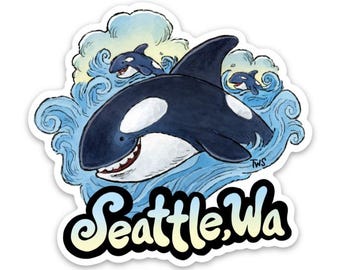 Seattle Whale Sticker - Orca Decal - PNW Souvenir - Tom Shannon Artwork