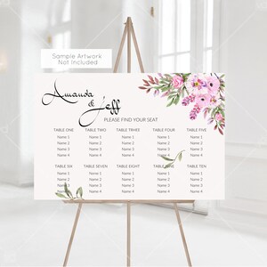 May include: A white wedding seating chart with a floral design in shades of pink and green. The chart lists tables one through ten with names for each table.