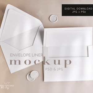 May include: Two white envelopes with open flaps and matching white wax seals. One envelope is positioned vertically with the flap open, and the other is horizontal. Text reads: ENVELOPE LINER MOCKUP PSD & JPG, and DIGITAL DOWNLOAD IS JPG + PSD.